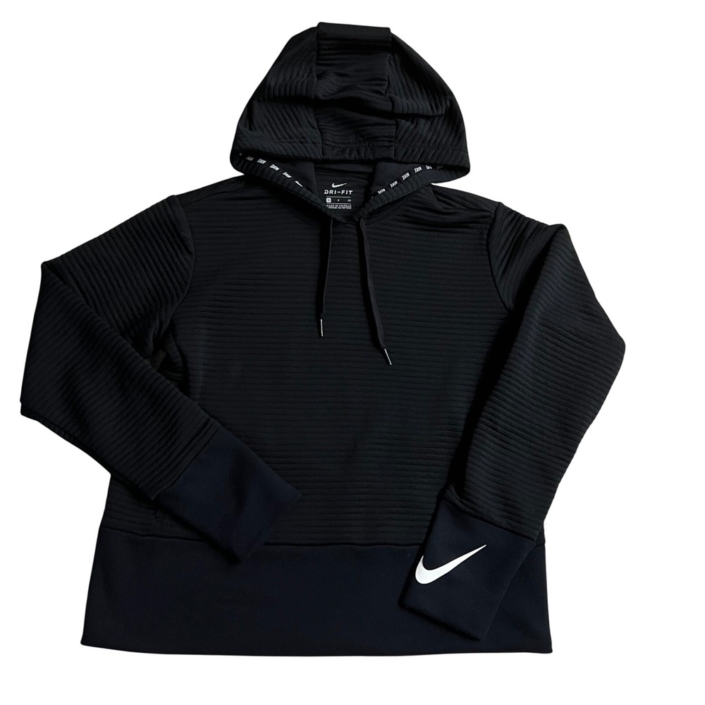 Nike Dri-FIT Womens Black Textured Ribbed Pullover Hoodie Sweatshirt Small